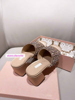 7cm thick heel rhinestone silk slippers lamb leather lining shoes fashion 2022ss new 35-40 high quality