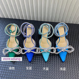 6.5cm stiletto 14 colors blingbling bow point toe sandals pump women 35-42 2023