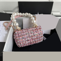 26*16*5cm tweed+leather 2 straps pearls mini crossbody bag women top quality  2022