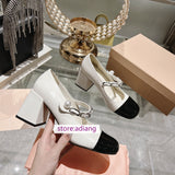 4.5cm 7cm thick heel round toe boat shoes pearl buckle women grace 2023 35-40