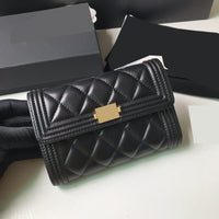 Three fold Wallet lamb leather Rhombic lattice black women 2022 new  10.5*15*3cm